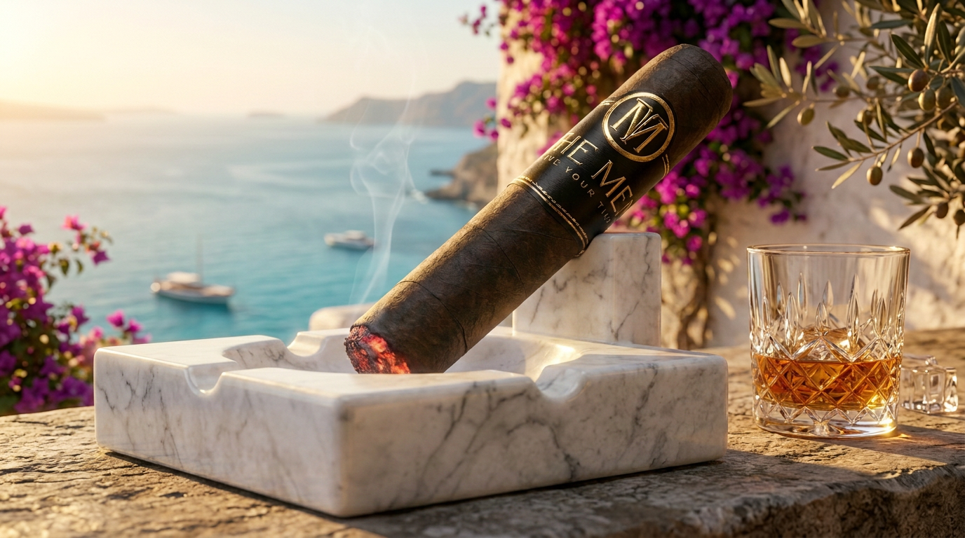 Premium Zigarre auf schwarzem Marmor mit goldenem Licht